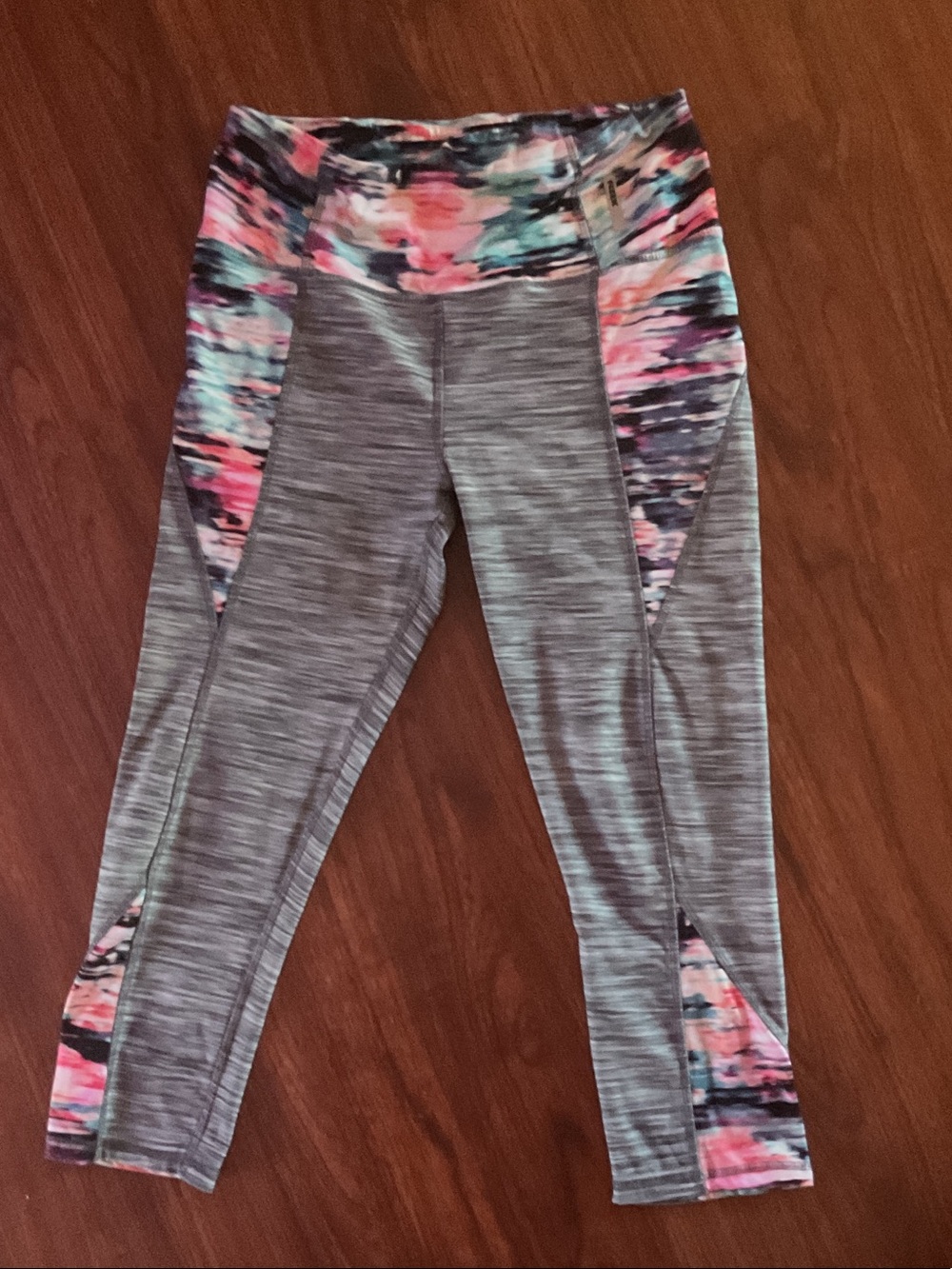 RBX Gray Leggings with Pink & Teal Print Panels